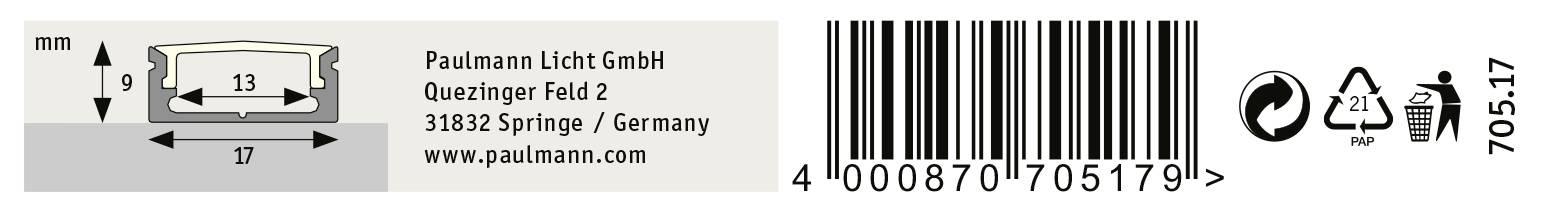 Barcode mit Produktinformationen der Paulmann Licht GmbH: Größe 9x17 mm, Adresse: Quezlinger Feld 2, 31832 Springe, Deutschland.