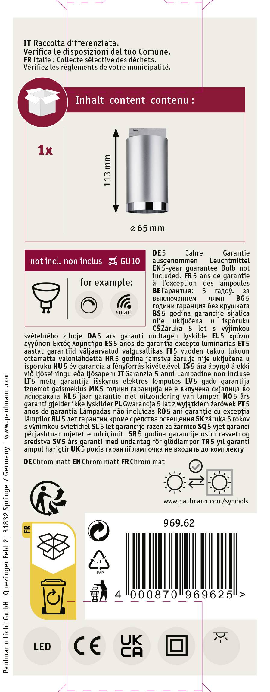 Paulmann Spot Tube Deckenstrahler URail GU10 Chrom (matt), Chrom