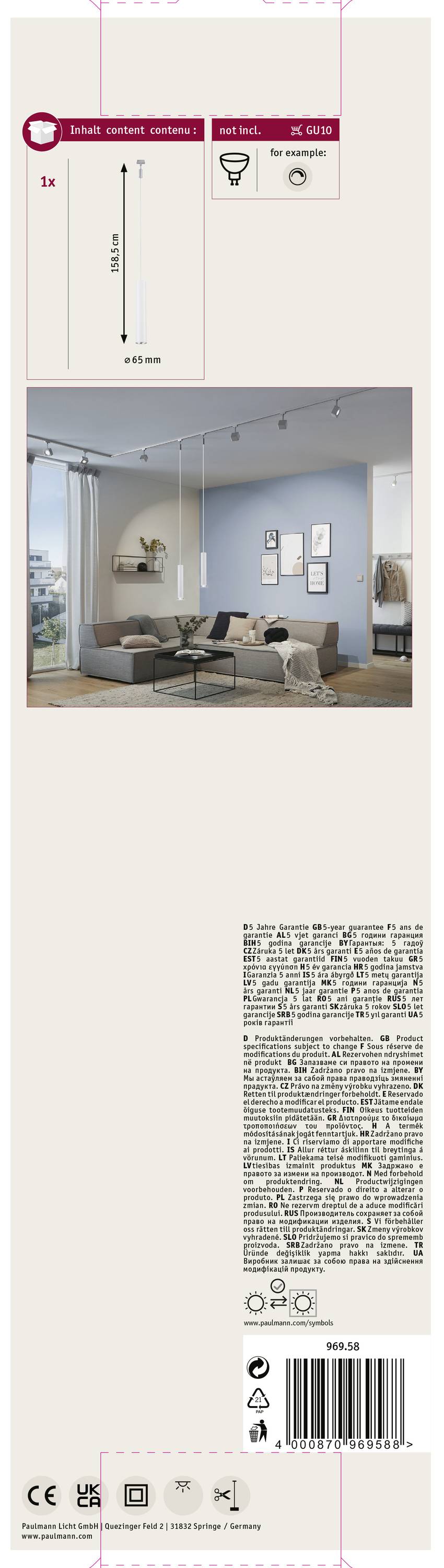 Paulmann Pendel Catalejo Pendelleuchte URail GU10 Chrom (matt), Weiß