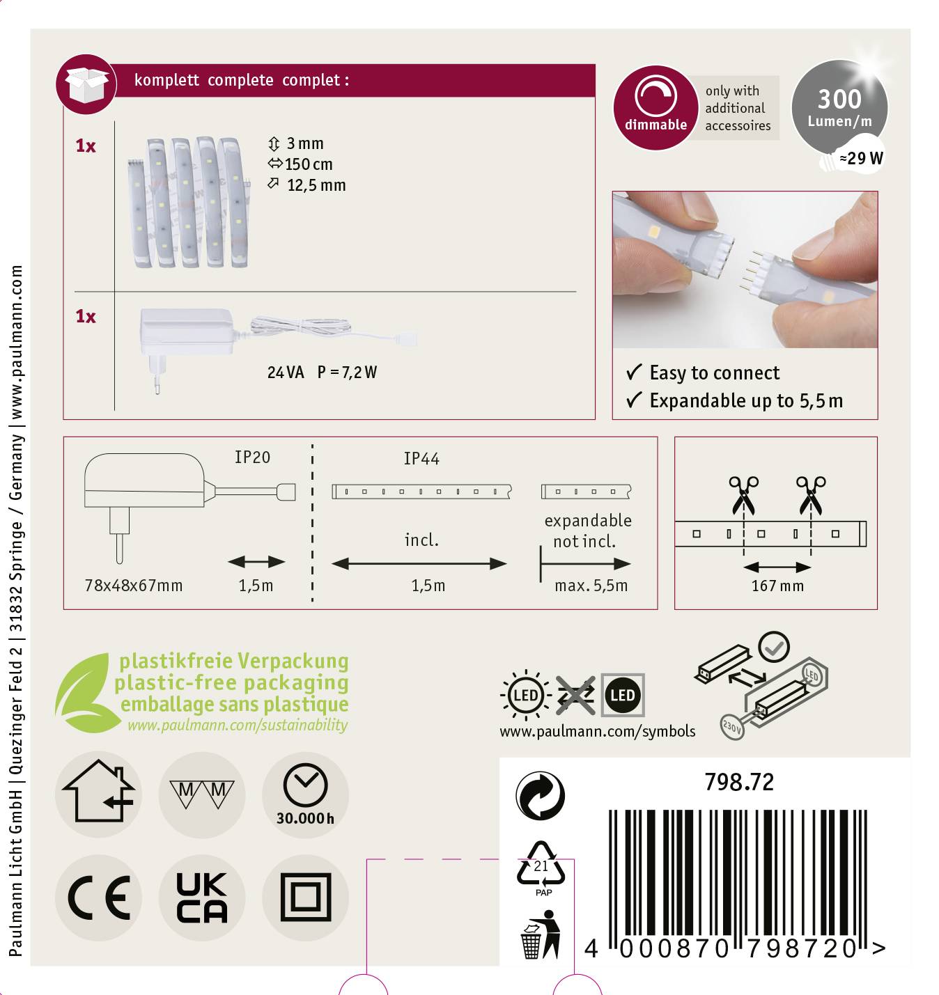 Paulmann 79872 LED-Streifen-Basisset mit Stecker 24V 1.5m Tageslichtweiß 1 Set