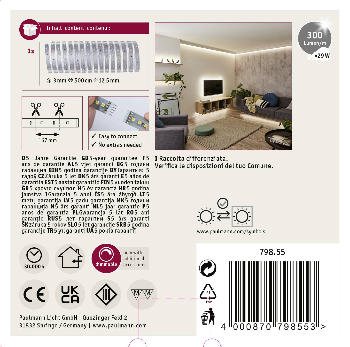 Paulmann 79855 LED-Streifen mit Stecker 24V 5m Warmweiß 5m