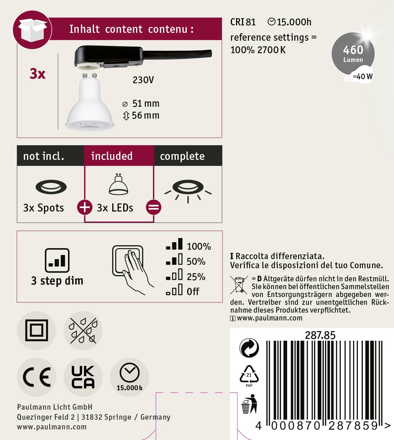 Paulmann 28785 LED-Einbauleuchte EEK: G (A - G) GU10 19.5 W Weiß