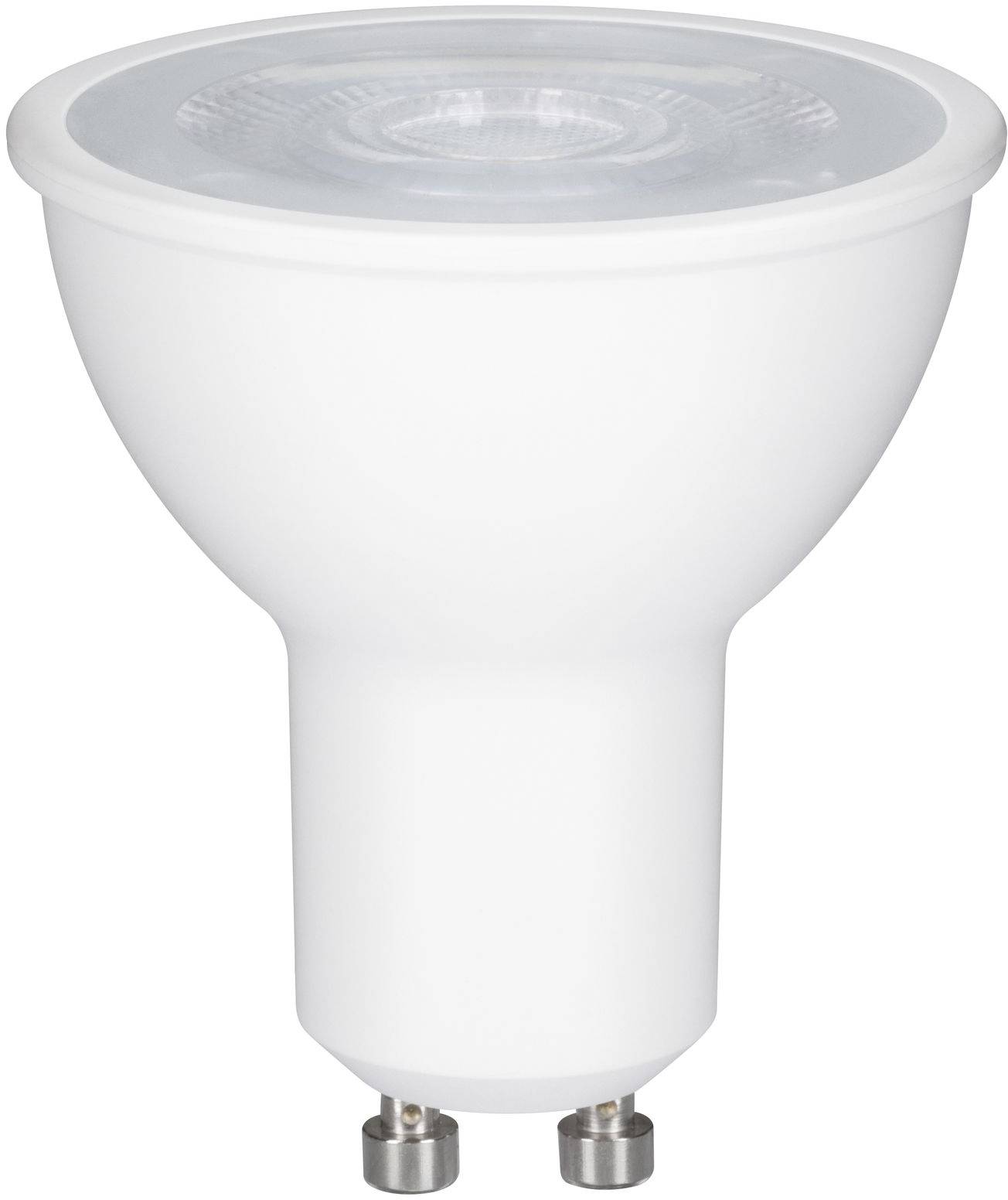 Eine weiße LED-Glühbirne mit GU10-Sockel.