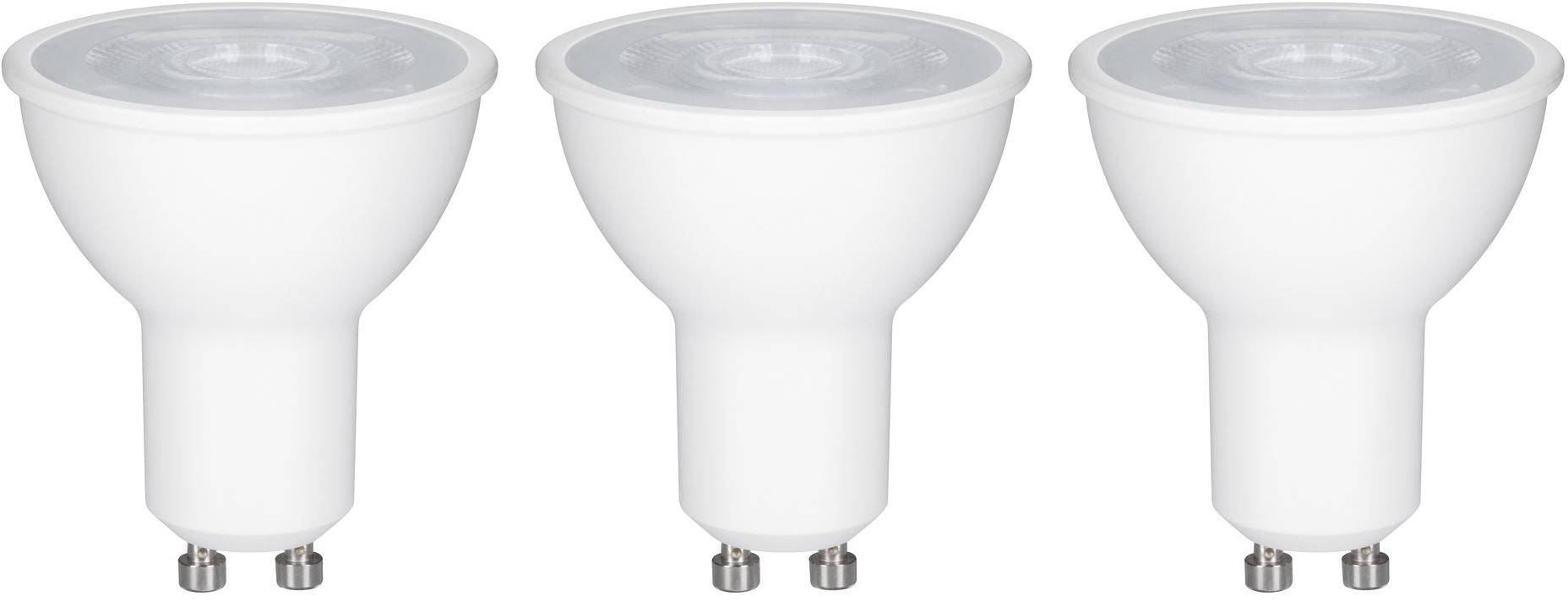 Drei weiße LED-Glühlampen in einer Reihe. Alle haben eine GU10-Fassung und sind gleich groß.