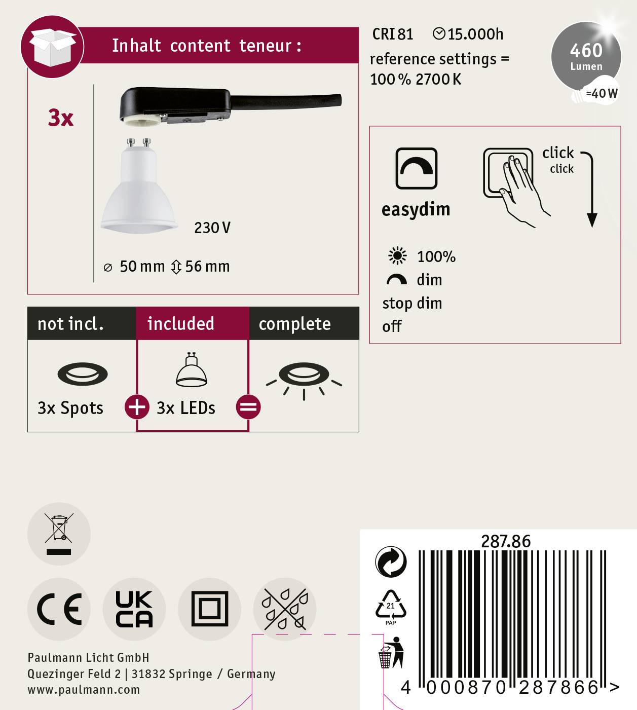 Paulmann 28786 LED-Einbauleuchte EEK: G (A - G) LED GU10 16.5 W Weiß