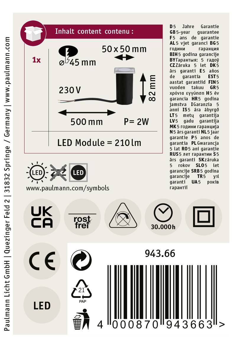 Paulmann 94366 Bodeneinbauleuchte LED 2W Edelstahl (gebürstet)