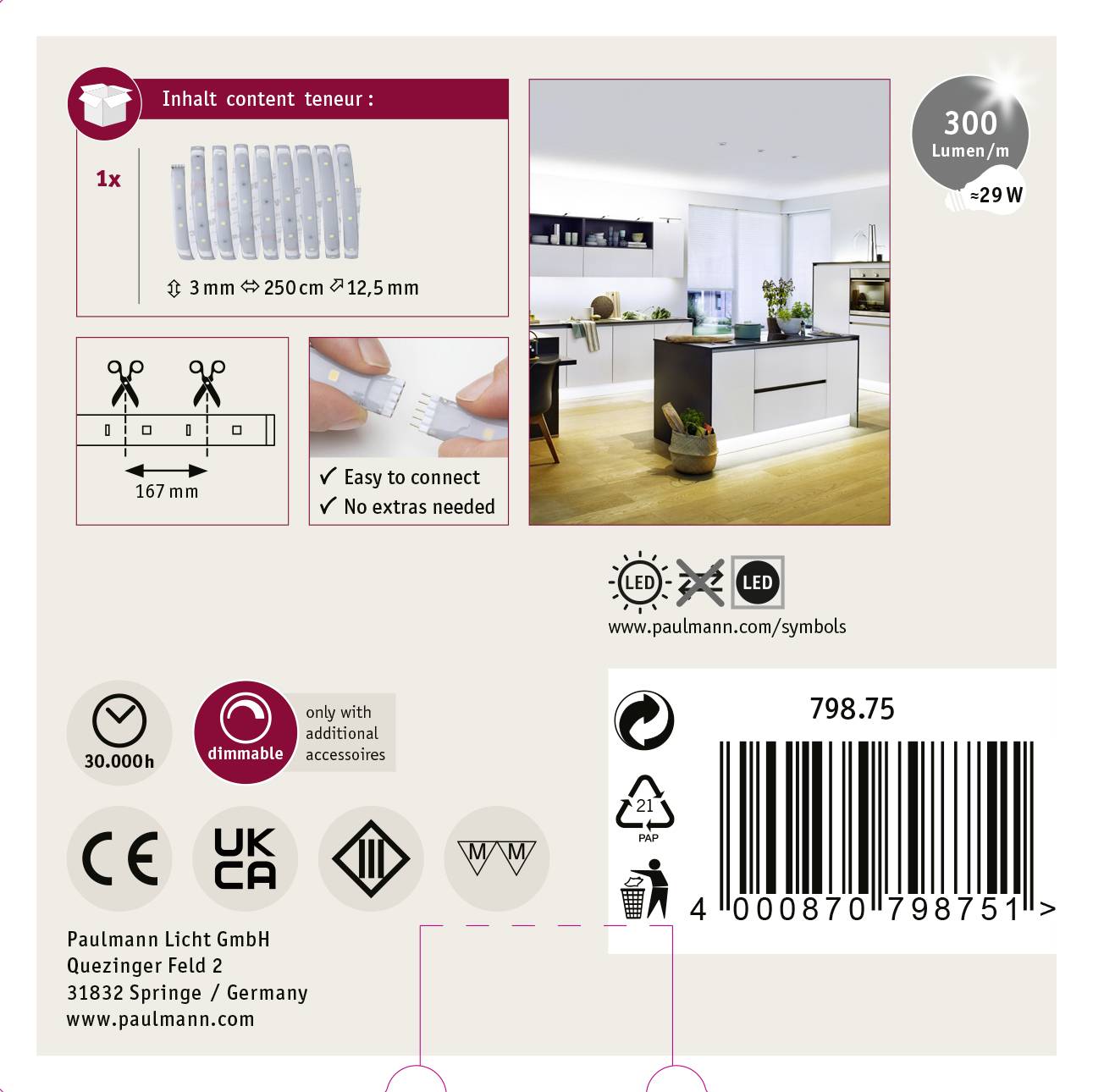 Verpackung eines LED-Streifens: Inhalt 1x LED-Streifen, 300 Lumen, schneidbar, Maße: 167 mm, dimmbar, einfache Verbindung, Bild einer modernen Küche.