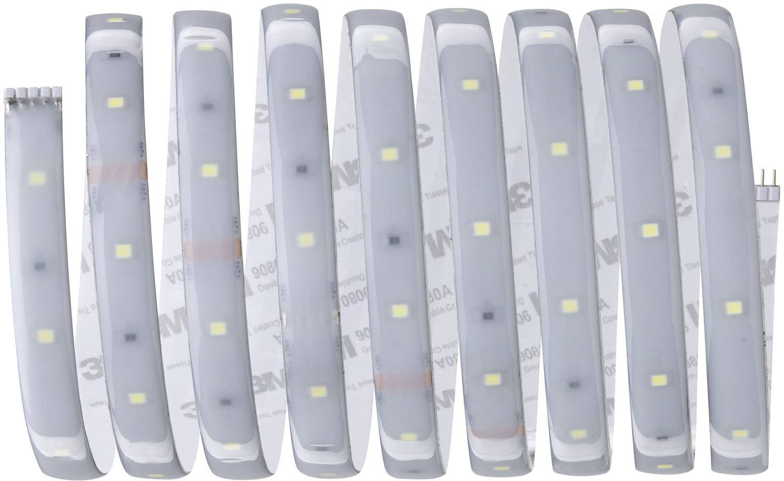 'LED-Streifen mit 3M-Klebematerial' zeigt eine Rolle beleuchteter LED-Lichter, gleichmäßig angeordnet, ideal für flexible Anwendungen.