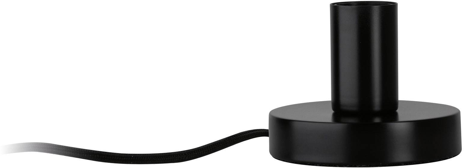 Schwarzer, runder Lampensockel mit kurzem Zylinder, aus dem ein Kabel herausragt.