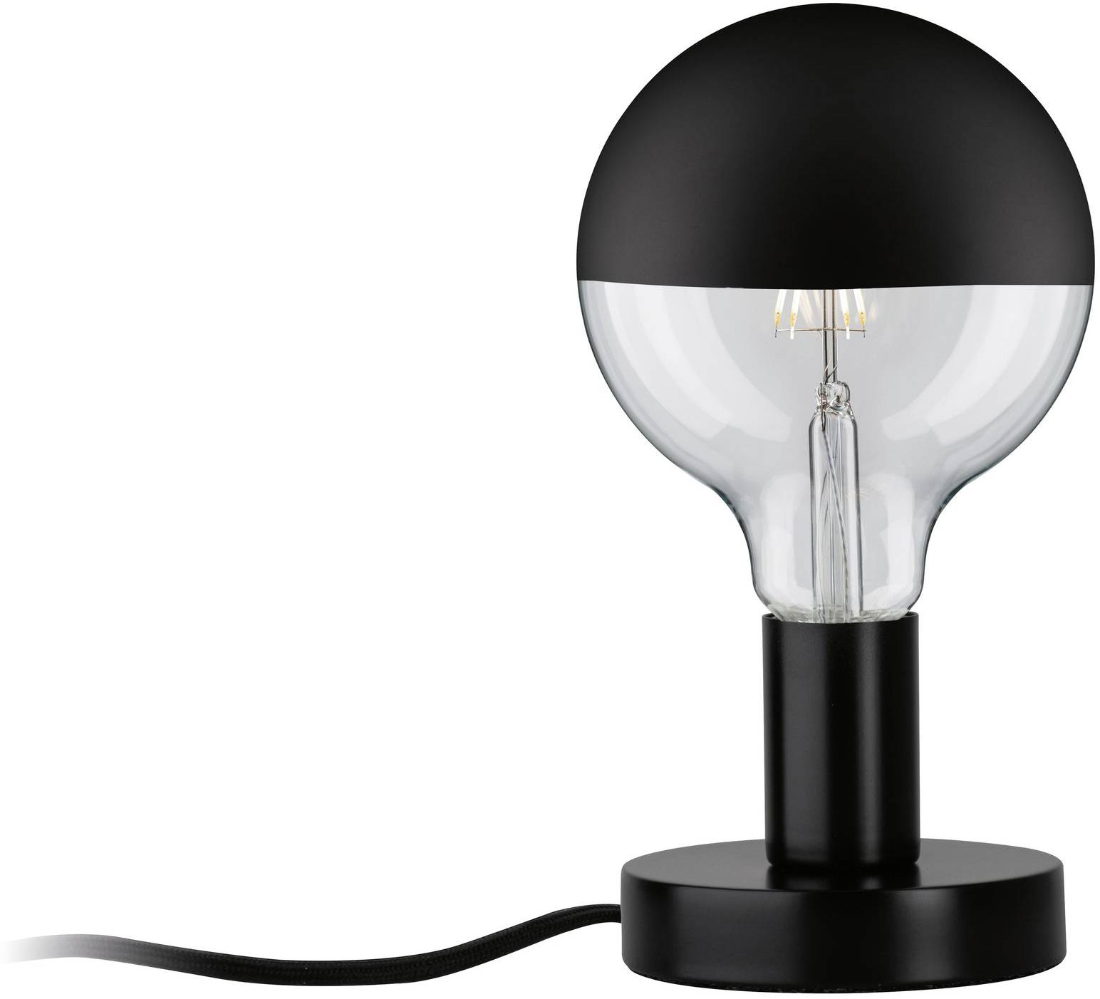 Schwarze Tischlampe mit rundem, transparentem Glasschirm auf stabilem Sockel, eingeschaltet und leuchtend.