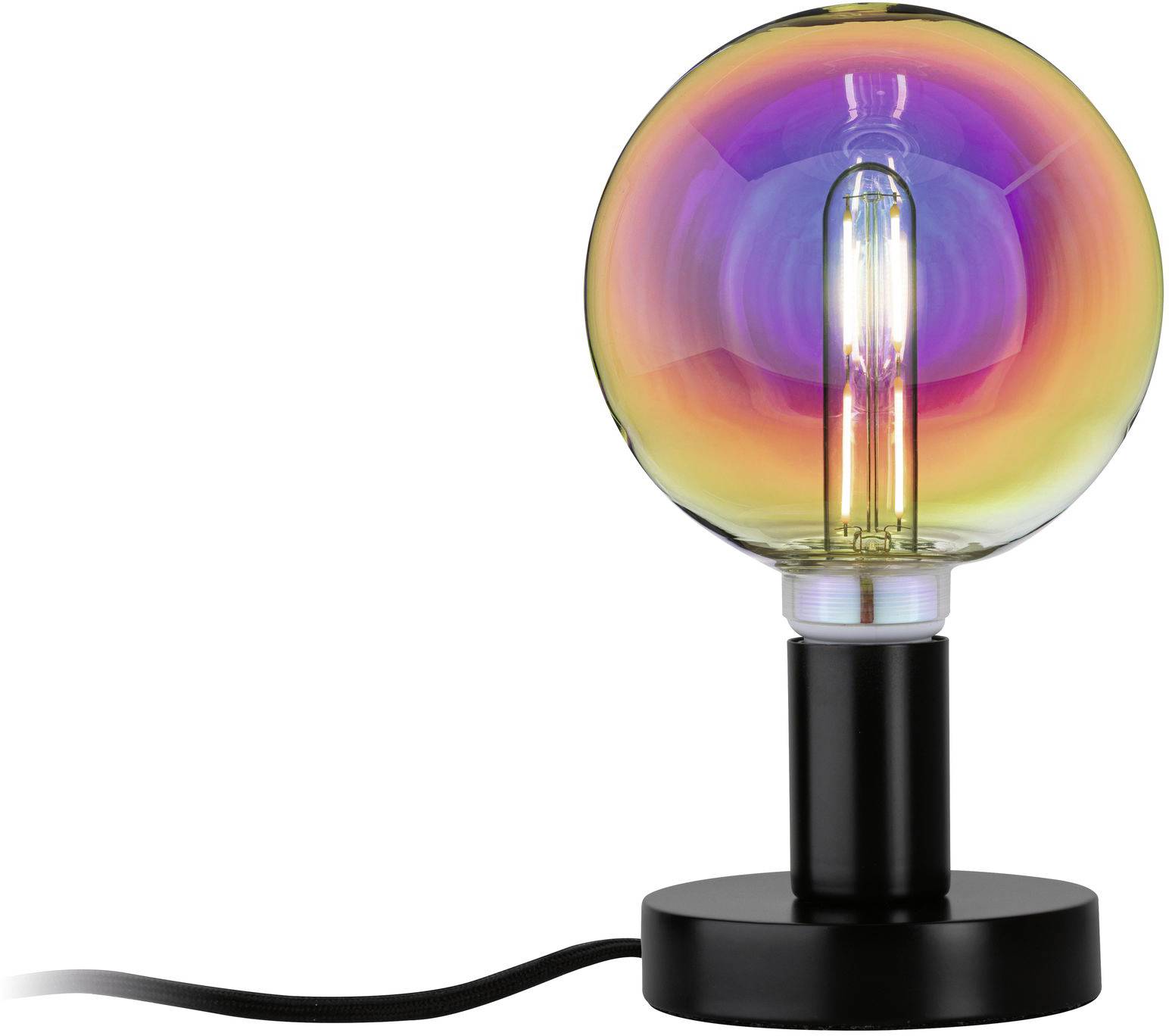 Eine Glühbirne auf einem schwarzen Ständer leuchtet in regenbogenfarbenen Tönen. Das Kabel führt nach unten links.