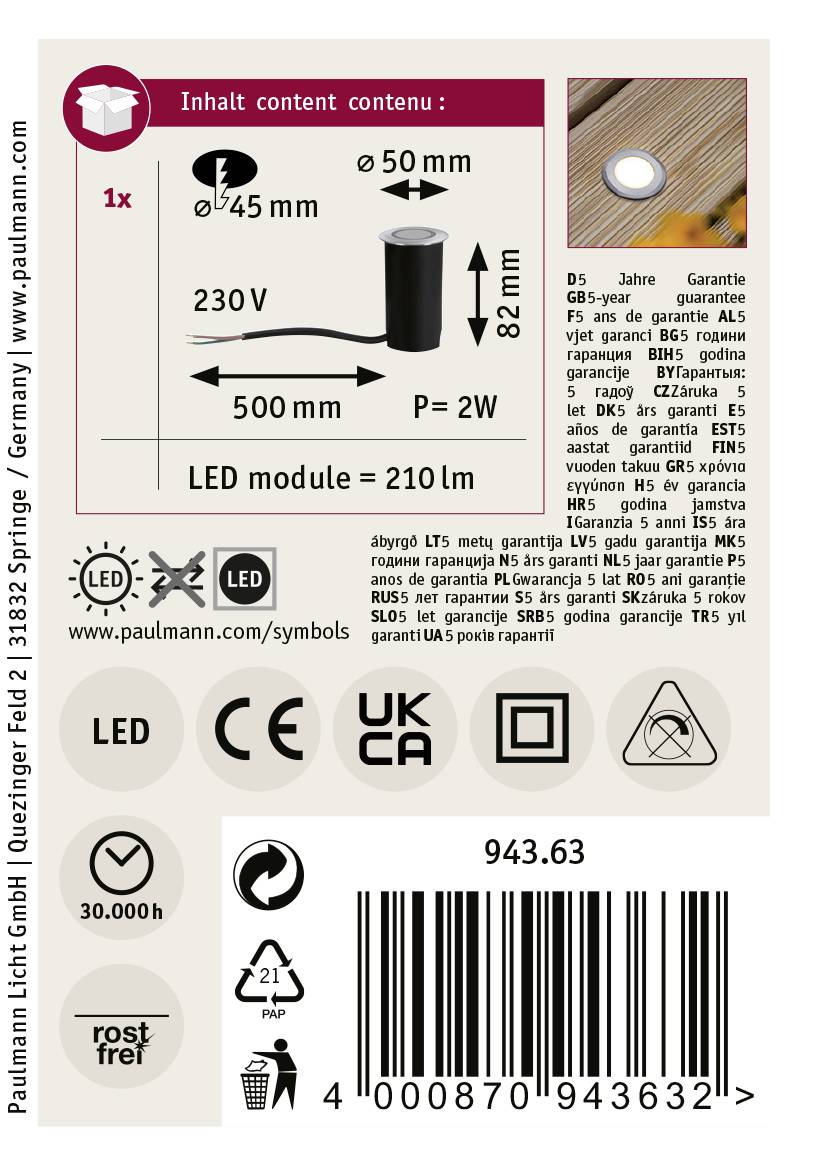 Paulmann 94363 Bodeneinbauleuchte LED 2W Edelstahl (gebürstet)