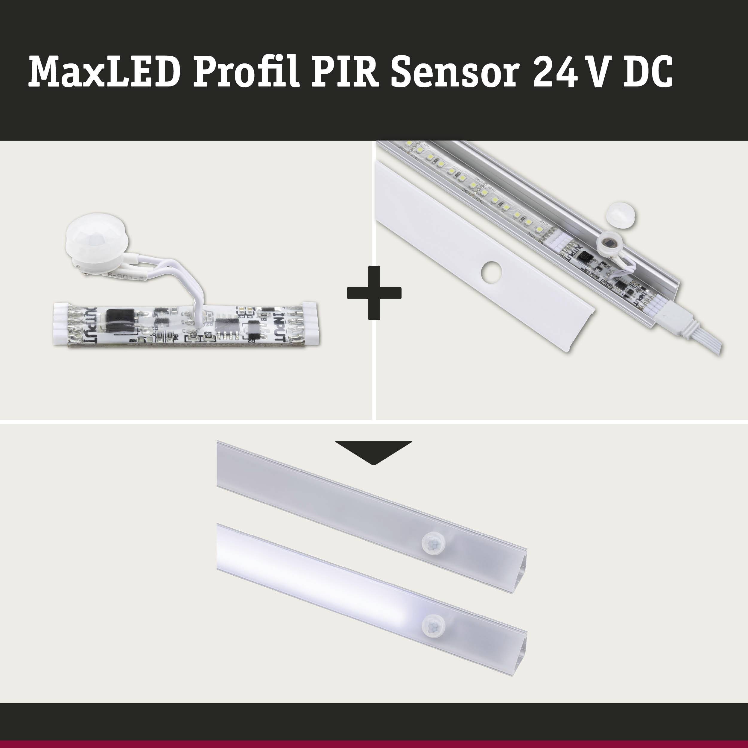 MaxLED Profil PIR Sensor 24 V DC: Zwei Module kombiniert, darstellen die Anwendung und Funktion der LED-Leiste mit Bewegungssensor.