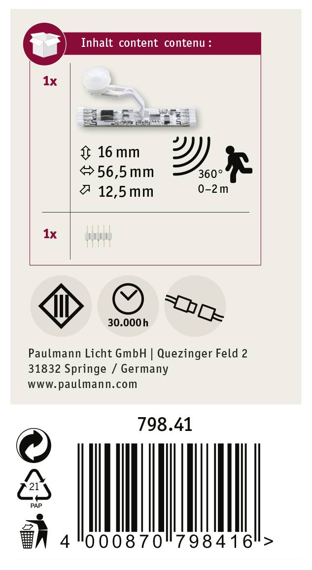 Bewegungsmelder mit Sensor; Reichweite 0-2m, 360°. Enthält 1 Bewegungsmelder, 1 Batterie. Paulmann Licht GmbH, 798.41, Barcode unten.