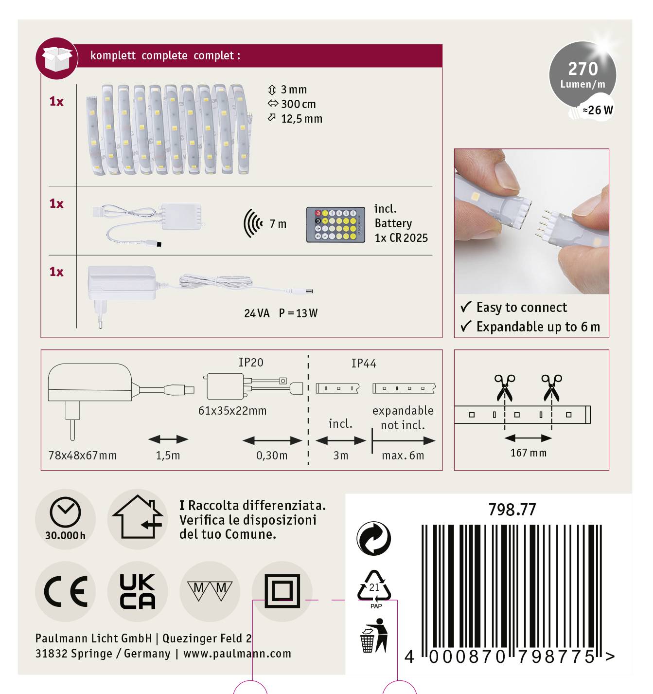 Paulmann 79877 LED-Streifen-Basisset mit Stecker 24V 3m Warmweiß 1 Set