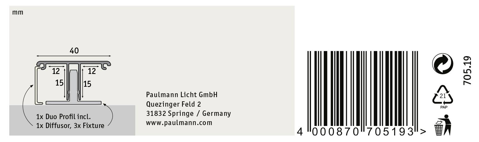 Produktetikett mit technischen Zeichnungen, Kontaktinformationen für Paulmann Licht GmbH, Barcode, Recycling-Symbolen und Abmessungen 40x40 mm.