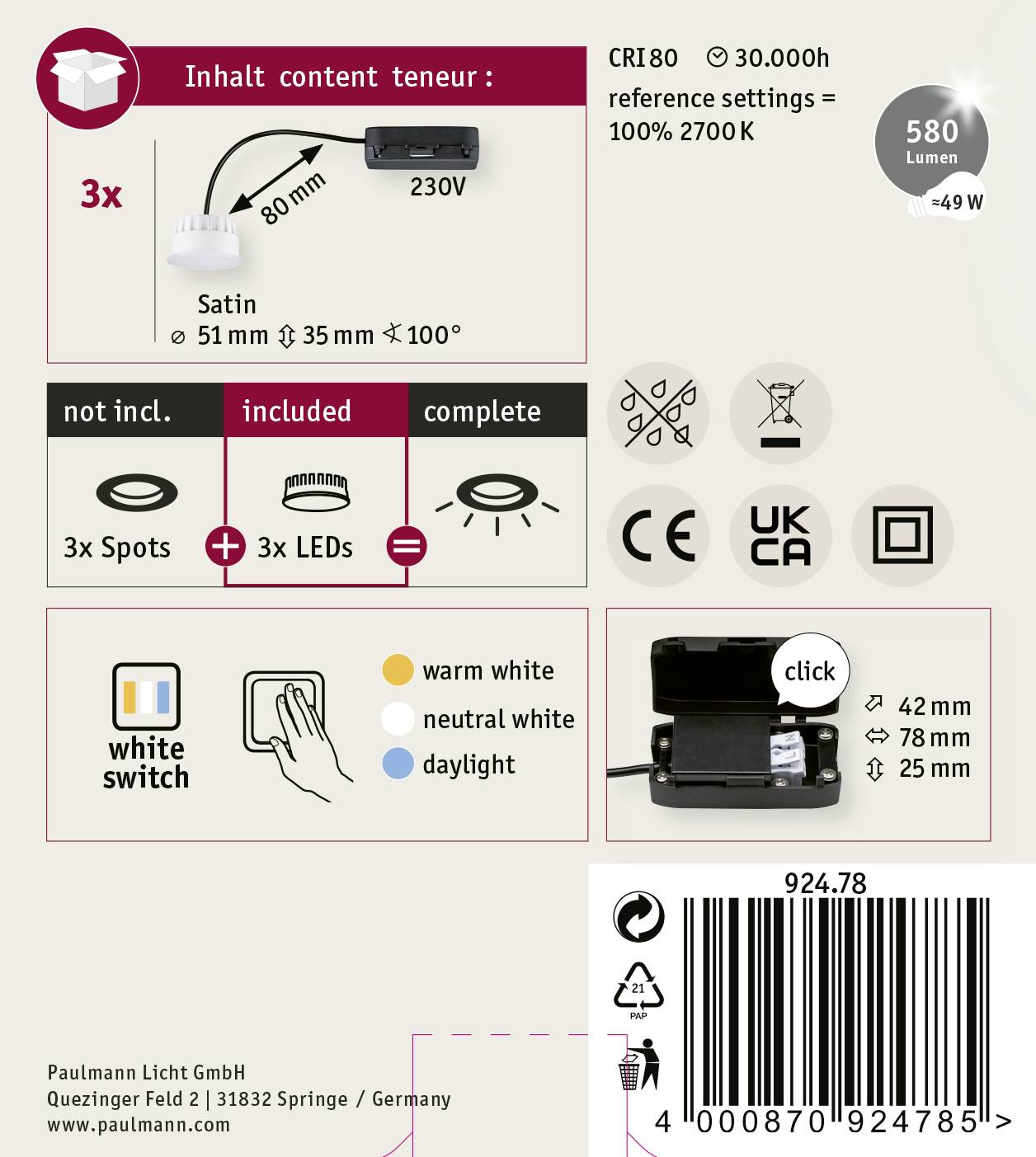 Paulmann 92478 LED-Einbauleuchte 3er Set LED 19.5W Satin