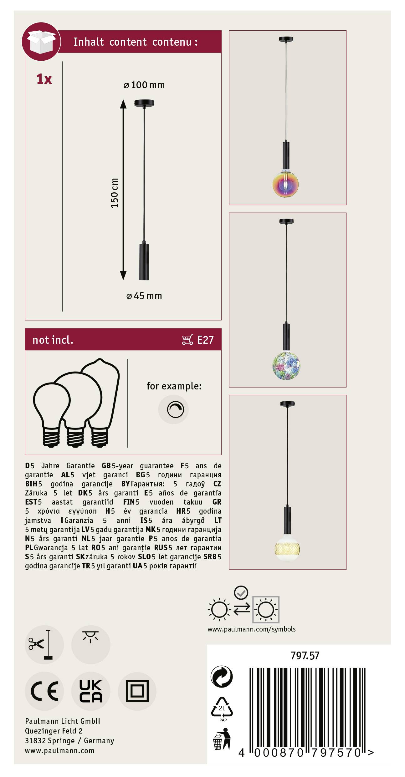 Paulmann 79757 Pendelleuchte E27 Schwarz