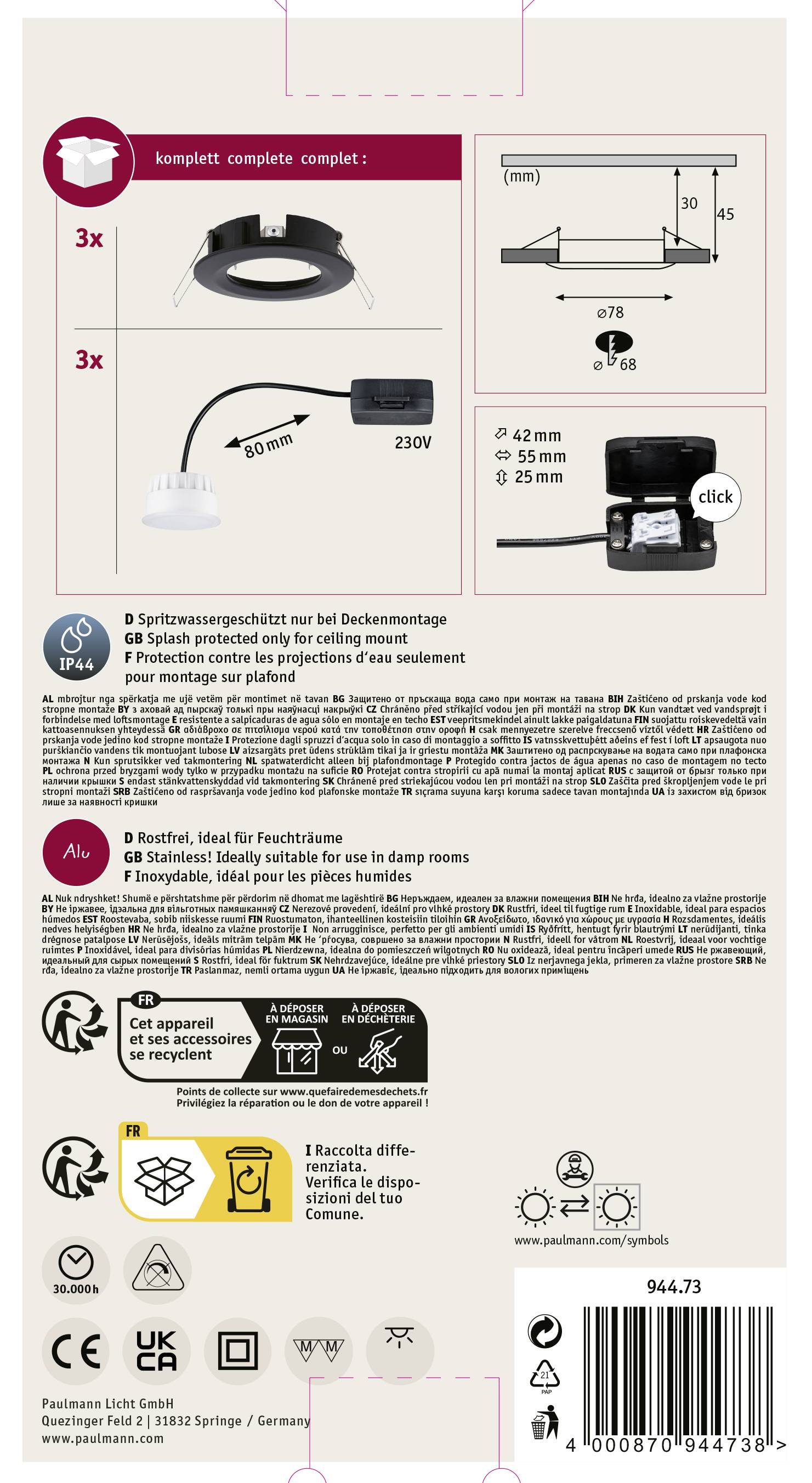 Paulmann 94473 LED-Einbauleuchte 3er Set LED 18W Schwarz (matt)