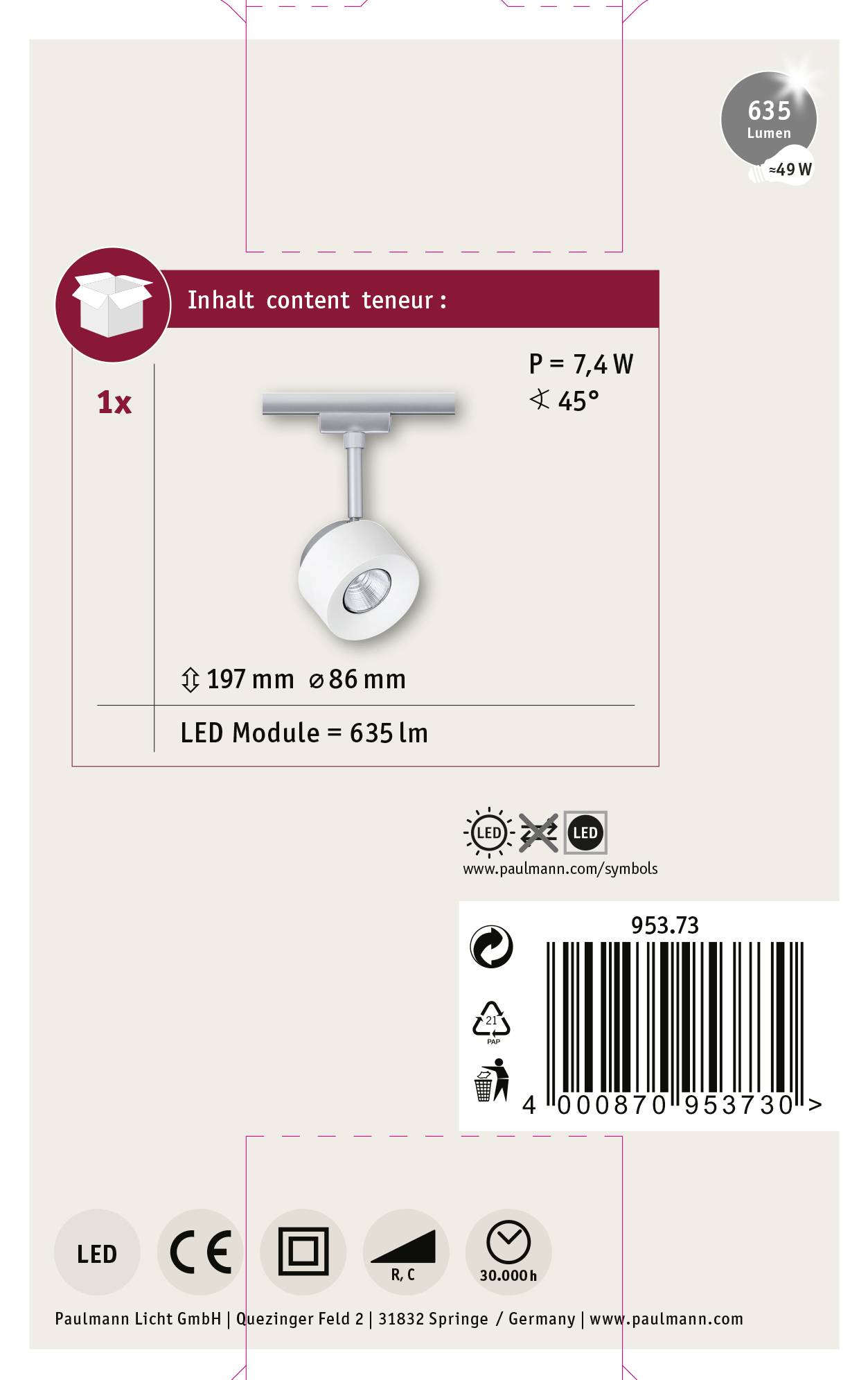 Paulmann Spot Pane Deckenstrahler URail 7W LED Weiß, Chrom (matt)