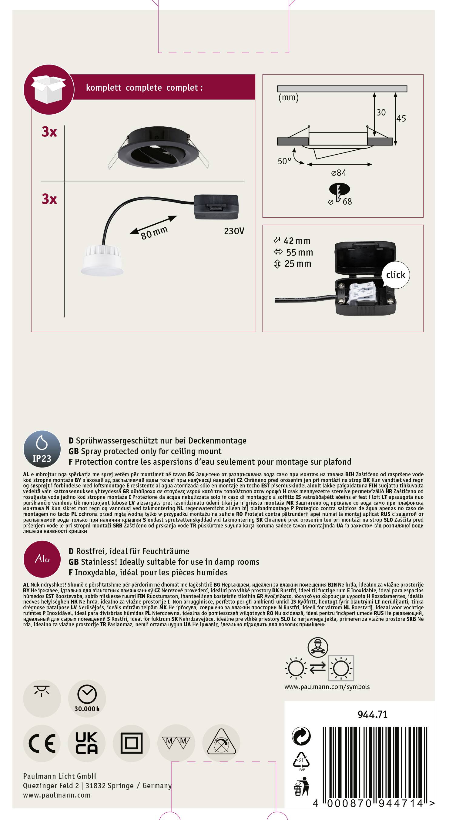 Paulmann 94471 LED-Einbauleuchte 3er Set LED 18W Schwarz (matt)