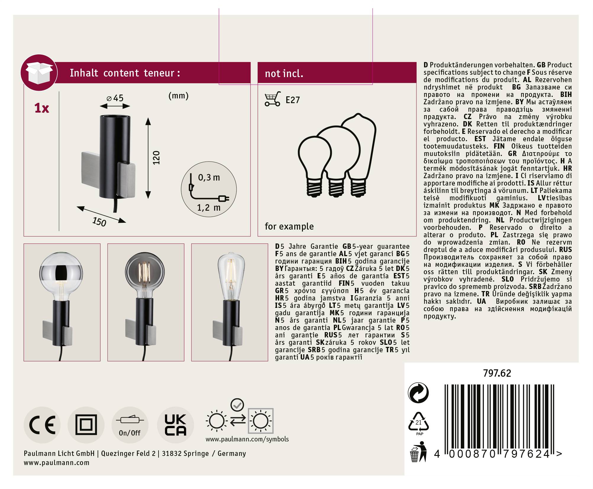 Paulmann Aik 79762 Wandleuchte E27 Schwarz