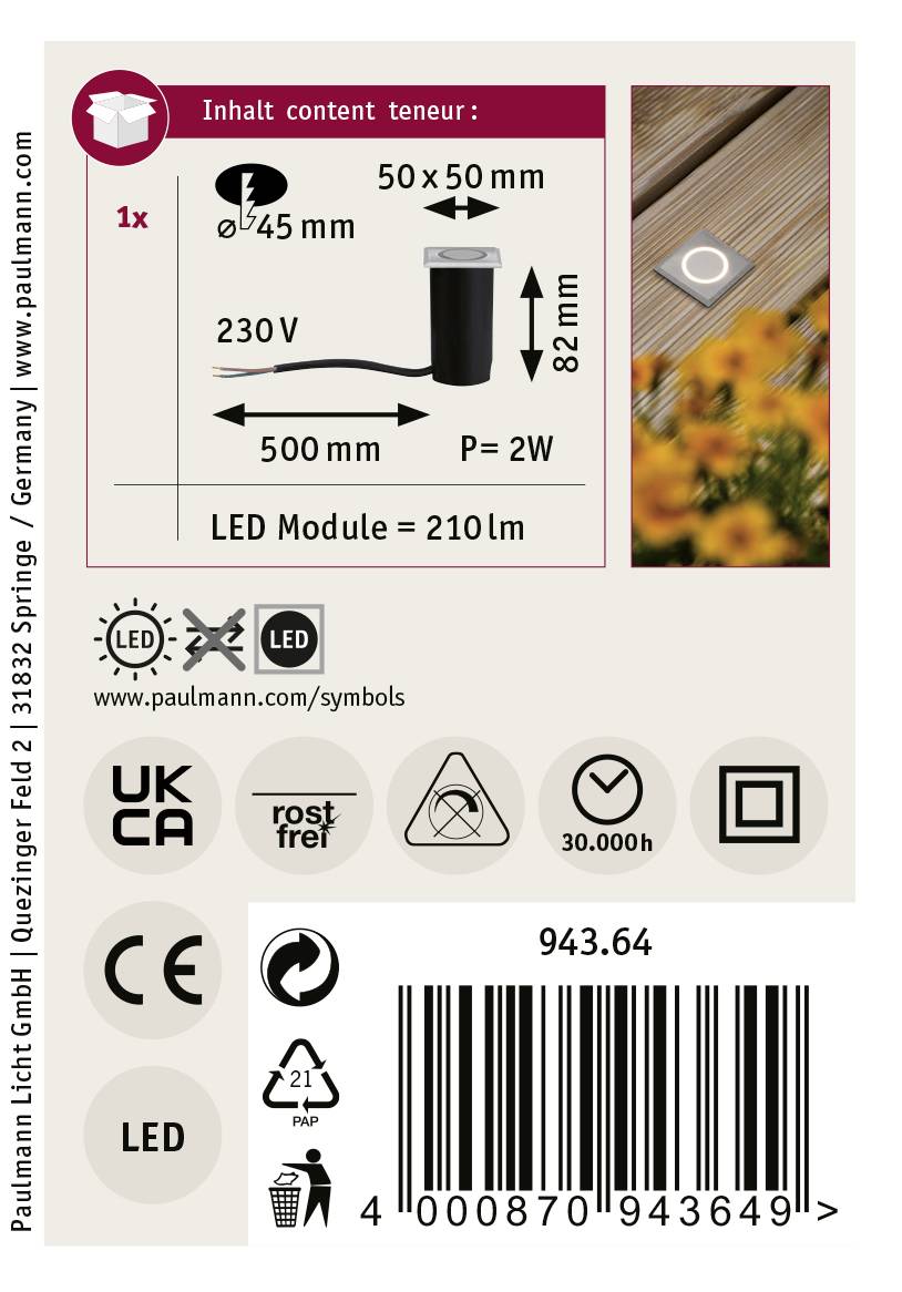 Paulmann 94364 Bodeneinbauleuchte LED 2W Edelstahl (gebürstet)