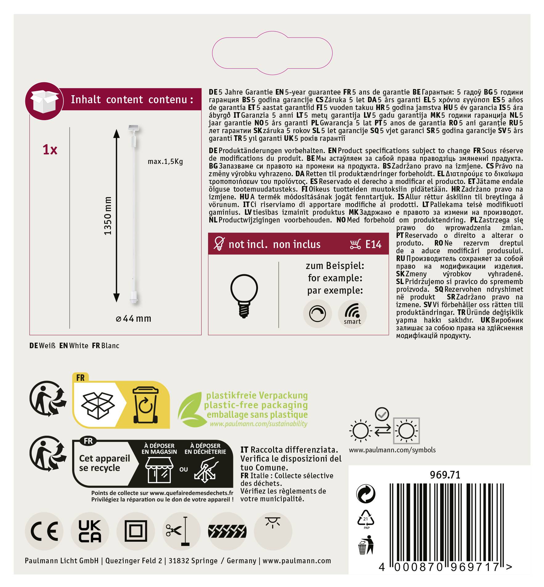Paulmann Deco Pendel Pendelleuchte URail E14 Weiß