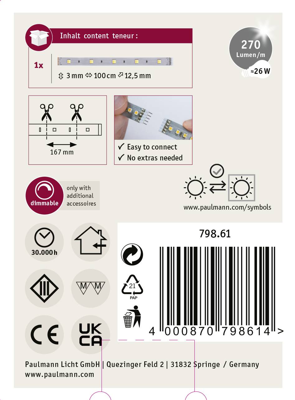 Paulmann 79861 LED-Streifen mit Stecker 1m Warmweiß 1m