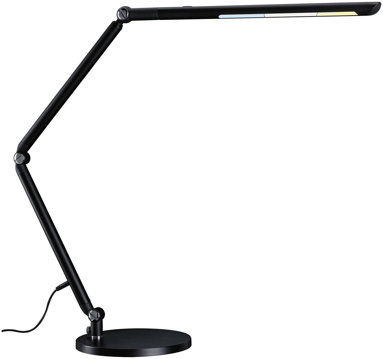 Schwarze, moderne Schreibtischlampe mit einstellbarem Arm und schlankem Design. Perfekt für effizientes Arbeiten und Beleuchtung.