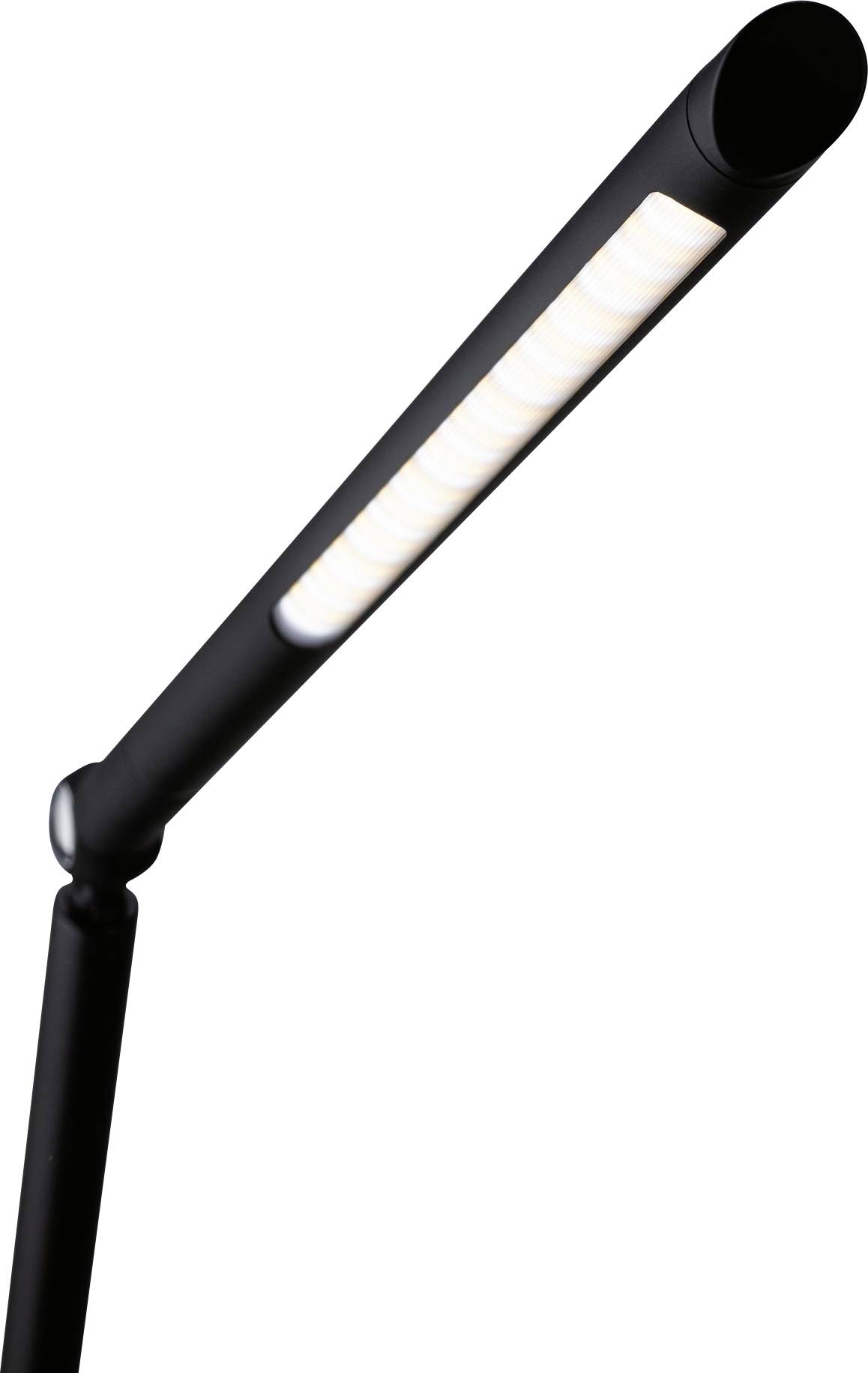 Moderne schwarze Tischlampe mit länglichem Leuchtkopf, die nach links geneigt ist.