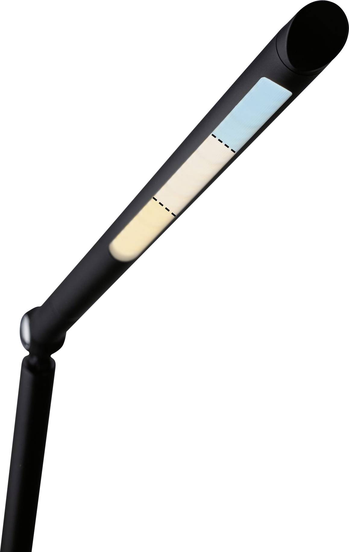 Eine schwarze Lampe mit einem modernen, schlanken Design. Der Lampenschirm zeigt drei Farben: Blau, Beige und Weiß.