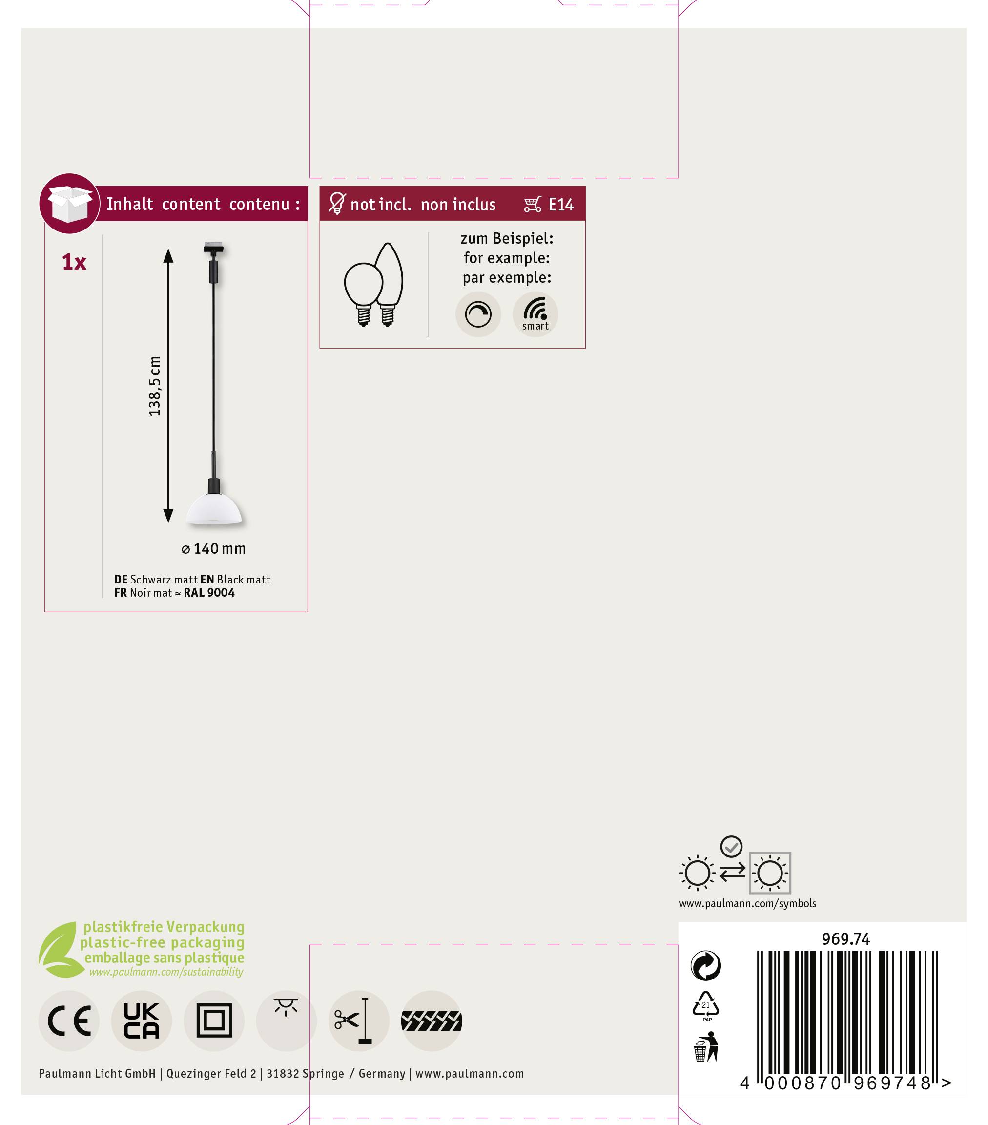 Paulmann Sarrasani Pendelleuchte URail E14 Schwarz (matt), Opal