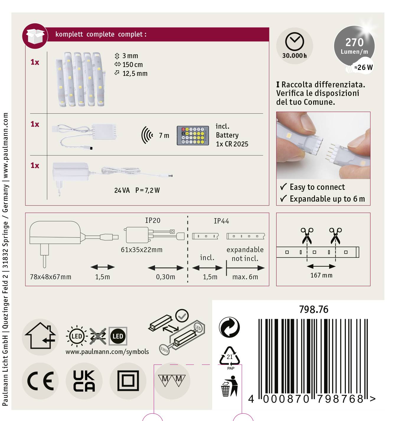 LED-Lichtset von Paulmann. Enthält 3x 150 cm Streifen, erweiterbar auf 6 m. 270 Lumen, 7,2 W. Schaltplan, Sicherheits- und Montagehinweise.