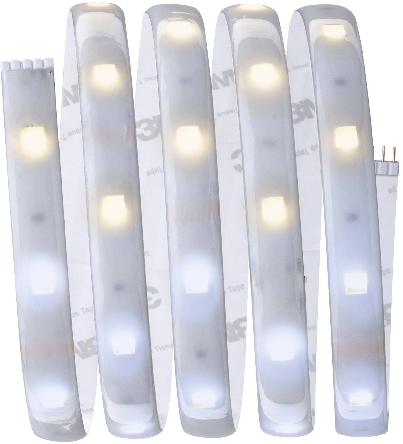 Fünf LED-Streifen in transparentem Gehäuse mit unterschiedlicher Lichtintensität; geeignet für flexible Beleuchtungsanwendungen.