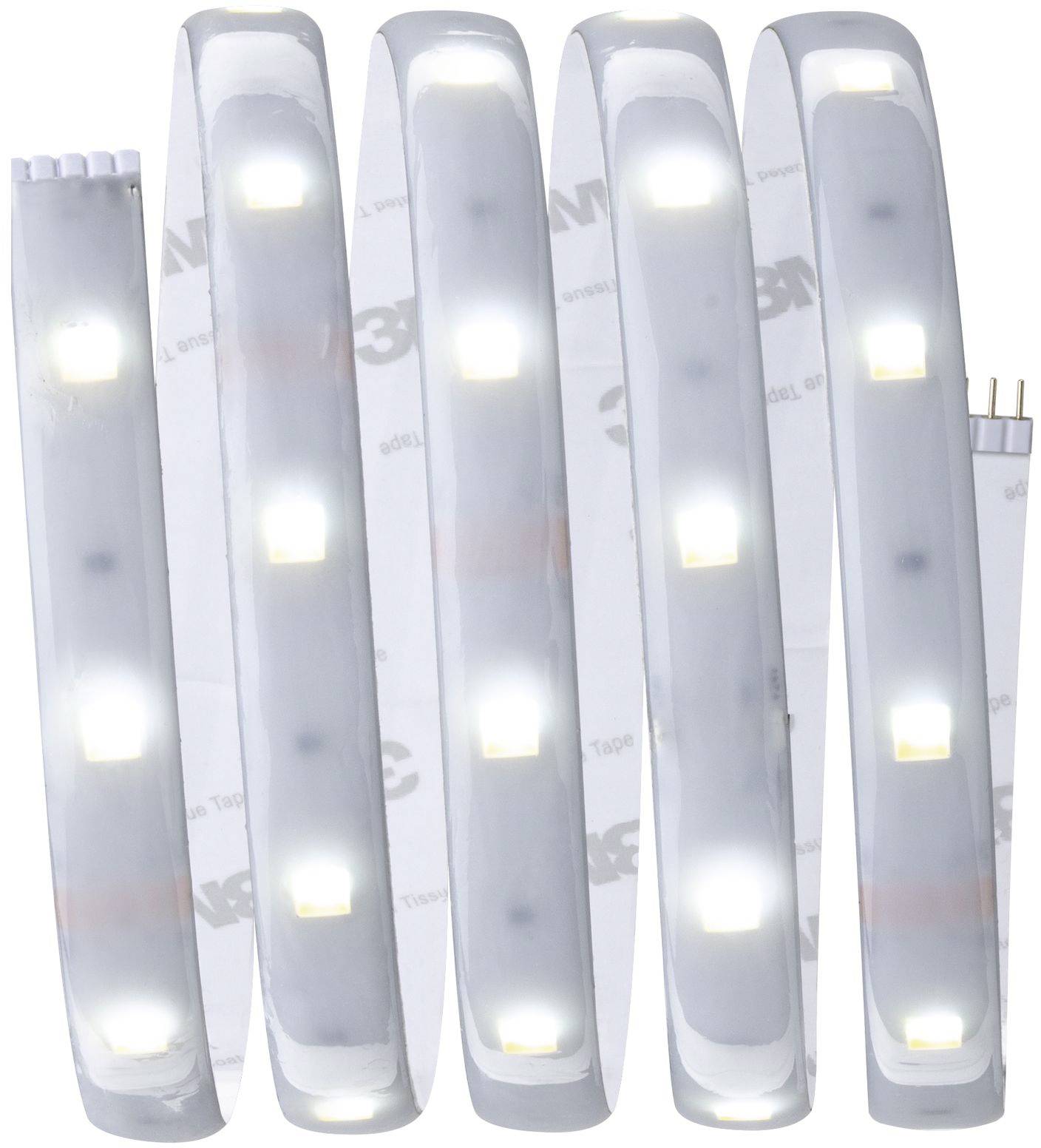 LED-Streifen in kühlem Weiß mit mehreren leuchtenden Segmenten, spiralig angeordnet auf neutralem Hintergrund.