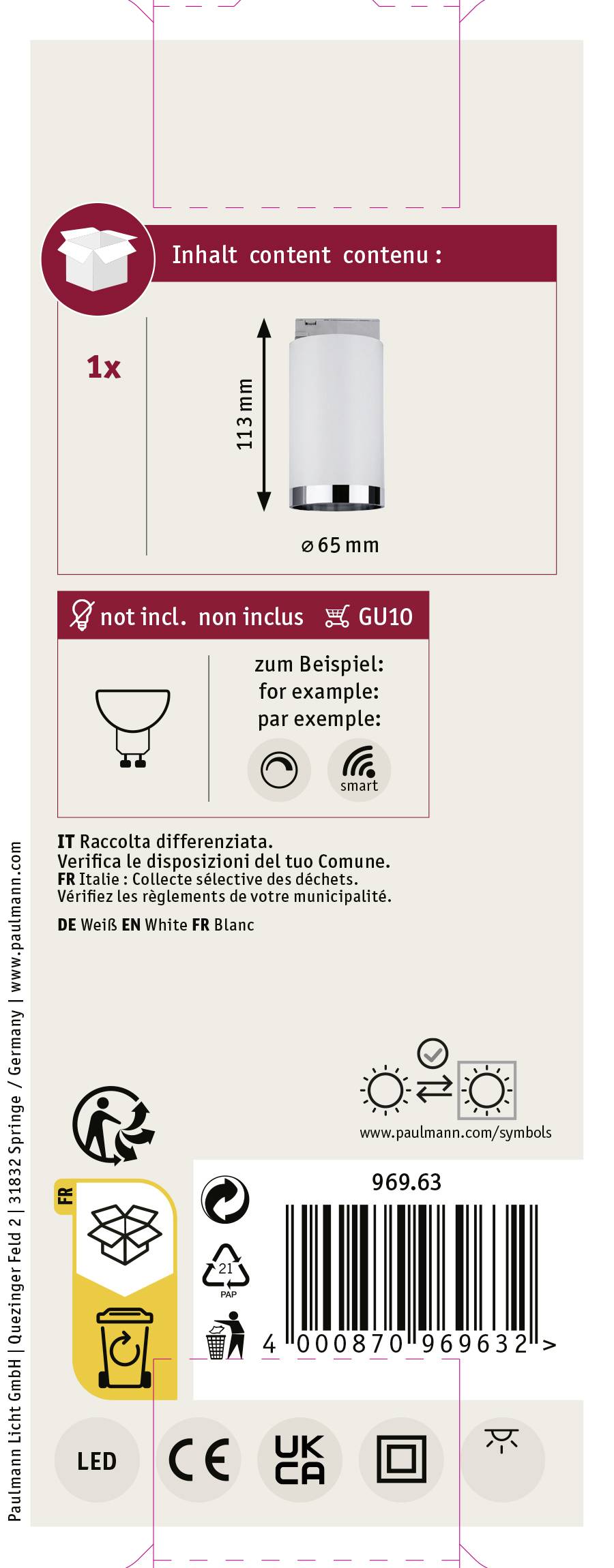 Paulmann Spot Tube Deckenstrahler URail GU10 Weiß, Chrom (matt)