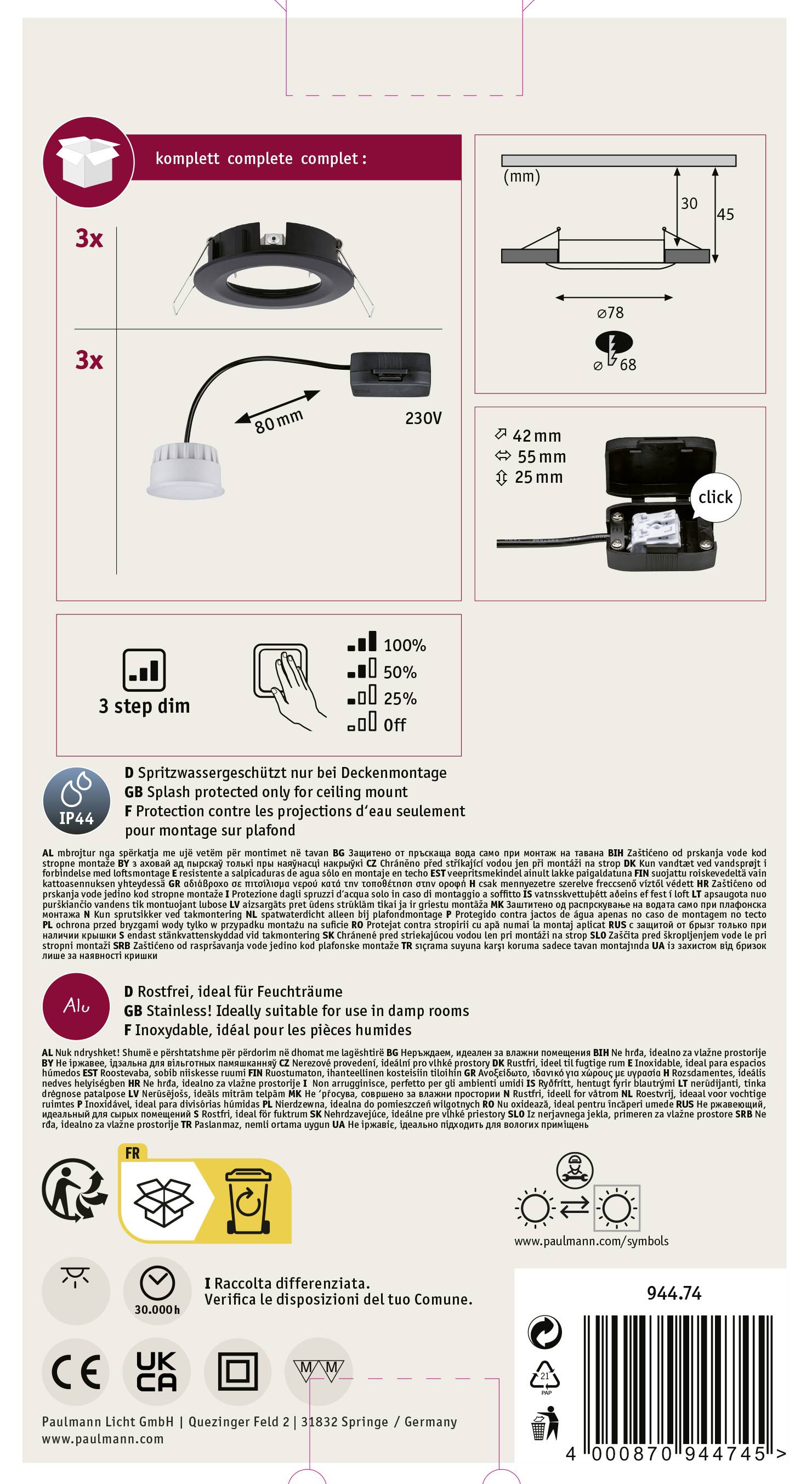 Paulmann 94474 LED-Einbauleuchte 3er Set LED 18W Schwarz (matt)
