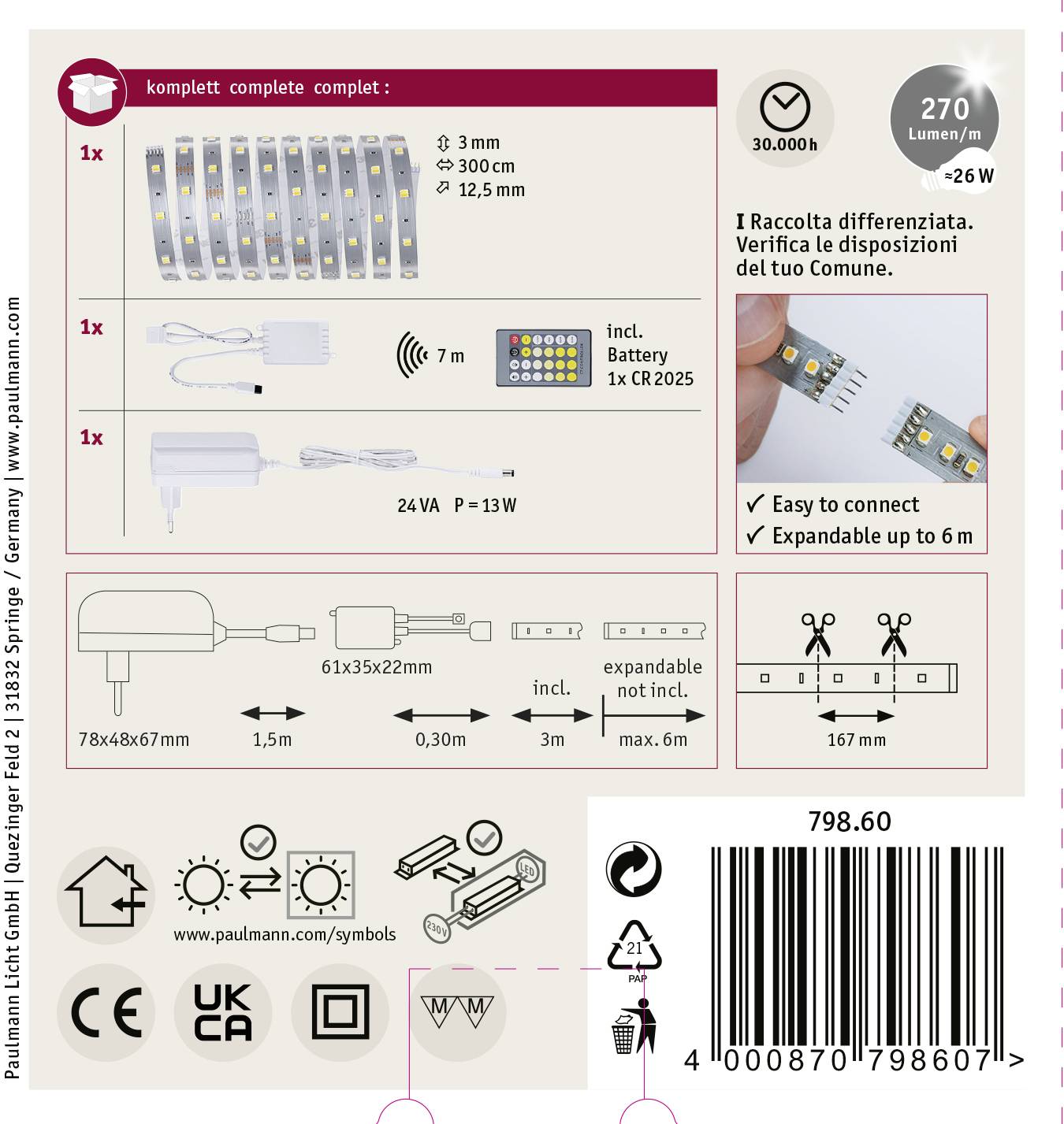 Paulmann 79860 LED-Streifen-Basisset mit Stecker 24V 3m Warmweiß 1 Set
