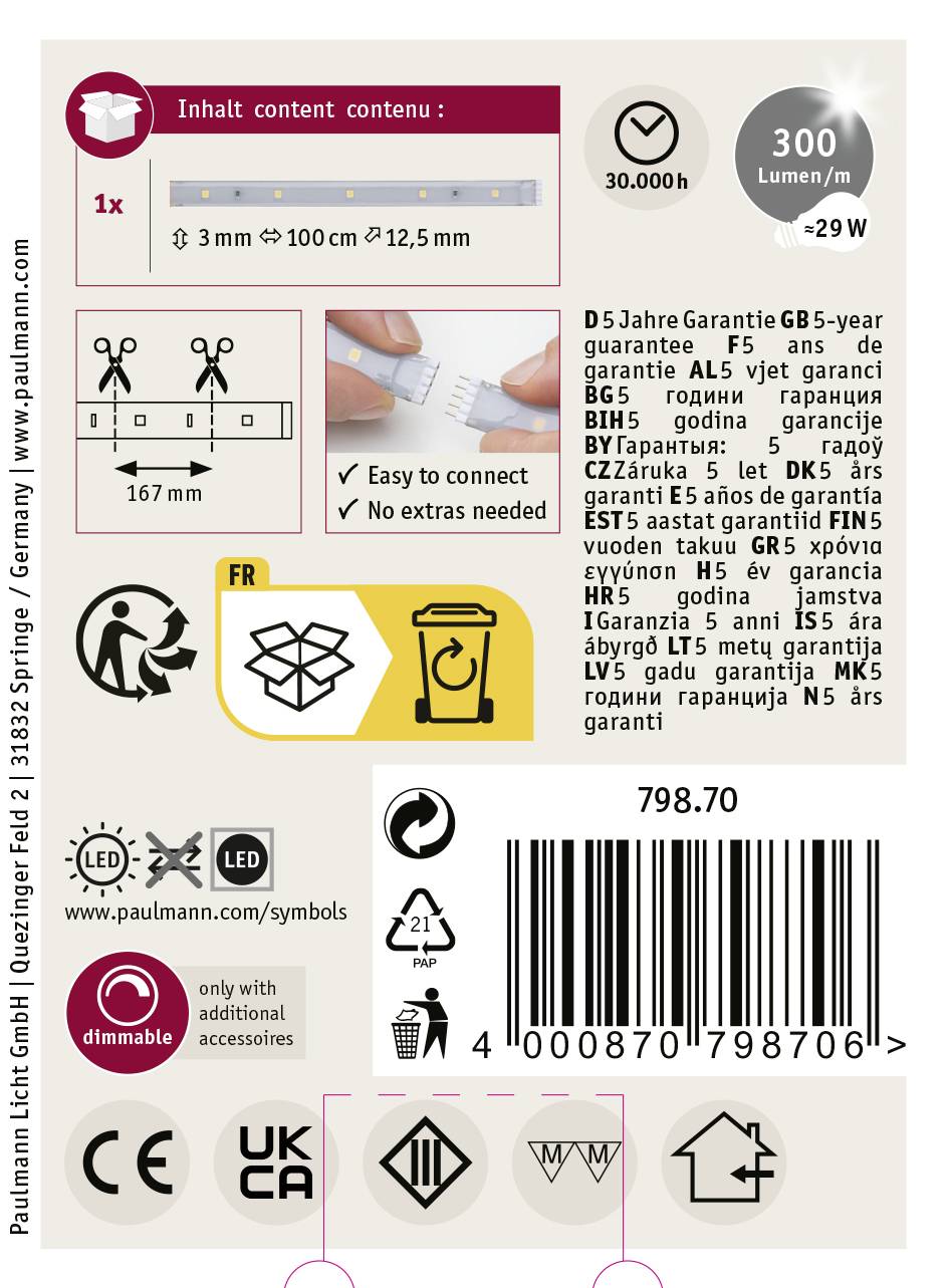 Paulmann 79870 LED-Streifen mit Stecker 1m Warmweiß 1m