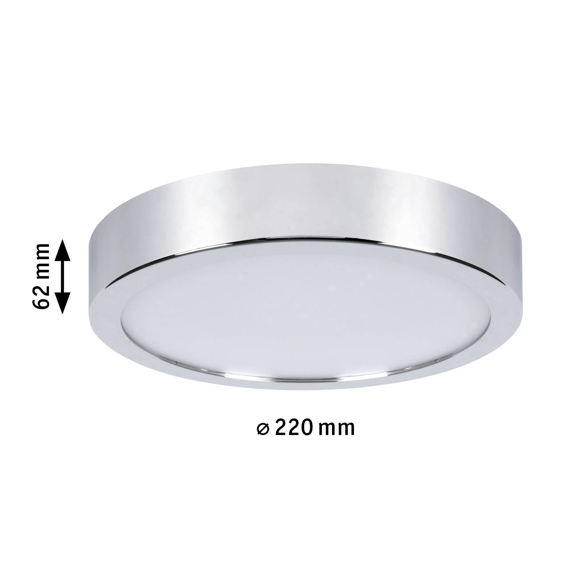 Runde Deckenleuchte mit Chromrahmen, Durchmesser 220 mm, Höhe 62 mm. Ideal zur Beleuchtung moderner Innenräume.