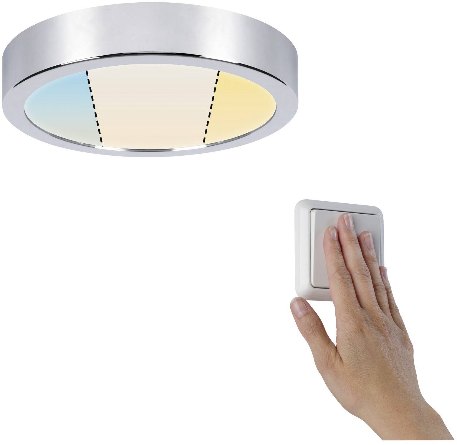 Eine runde LED-Deckenleuchte mit Farbwechsel-Funktion wird von einer Hand mit Fernbedienung gesteuert.