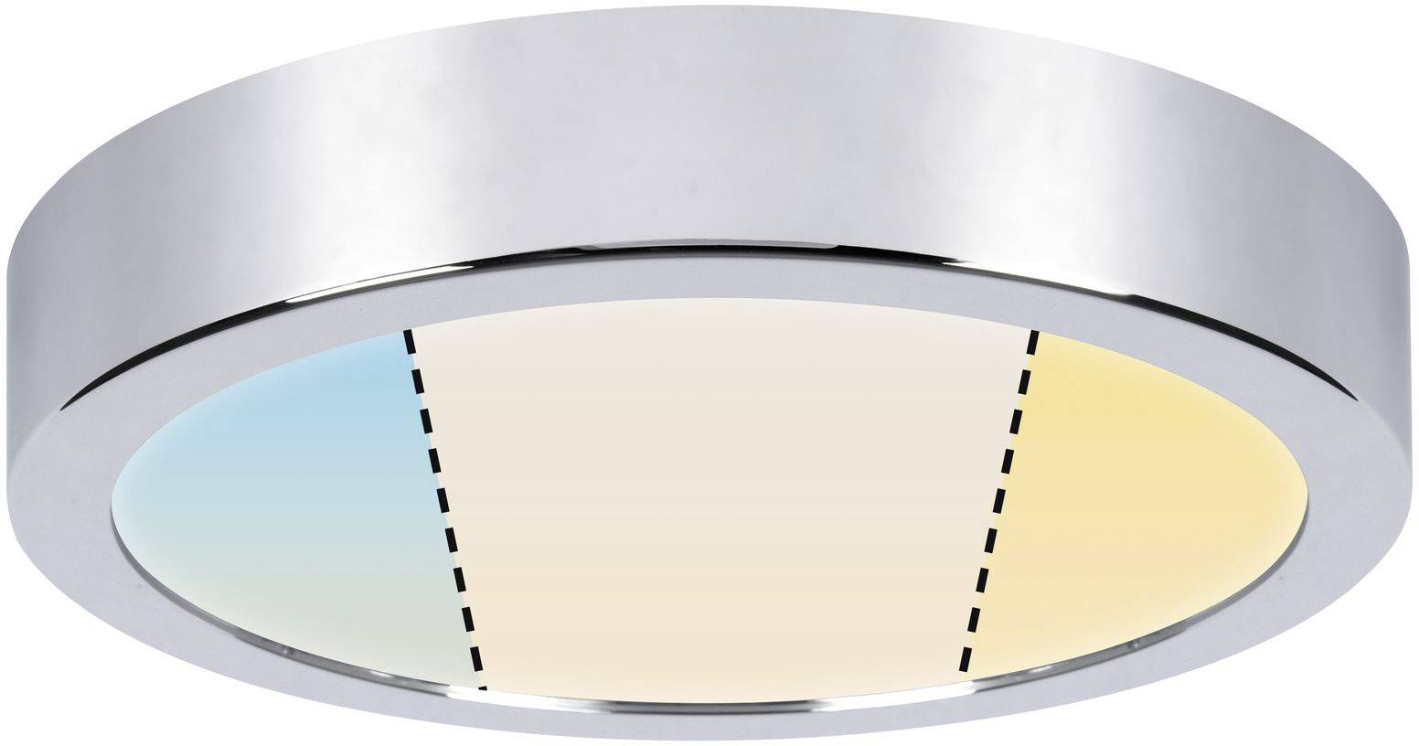 Runde Deckenlampe mit silbernem Rahmen; zeigt zwei Beleuchtungsvarianten: blühendes Weißlicht auf der linken Seite und warmes Gelb auf der rechten.