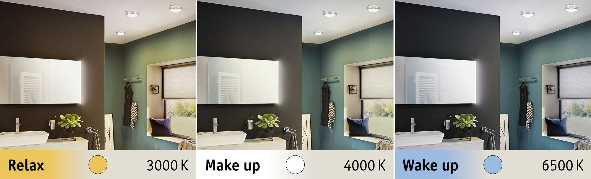 Vier Badezimmer mit variierenden Lichtfarben: 3000K für Entspannung (warm), 4000K für Make-up (neutral), 6500K für Aufwachen (kalt).