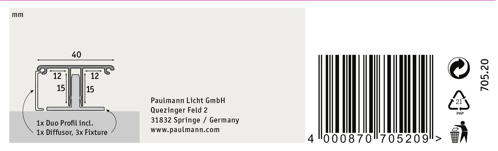 Strichcode-Etikett mit dem Text '1x Duo Profil incl. 1x Diffusor, 3x Fixiere' und Firmenadresse 'Paulmann Licht GmbH, Deutschland'.