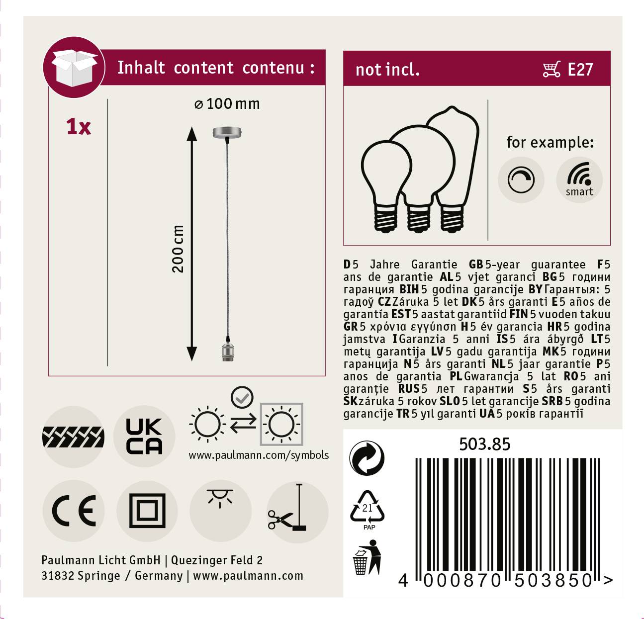 Paulmann Eldar 50385 Pendelleuchte LED E27 Grau, Nickel
