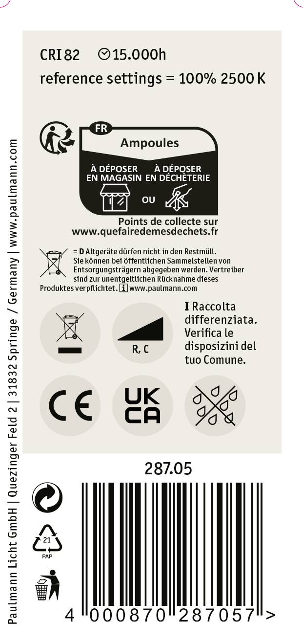 Verpackungsetikett für Glühbirnen, mit CRI 82, Lebensdauer 15.000 Stunden, Farbe 2500 K. Enthält Recyclingsymbole und Herstellerinformationen.