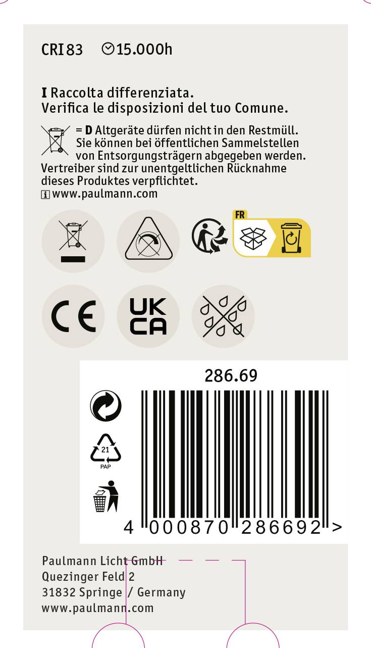 Etikett eines Produkts mit Symbolen zur Entsorgung, Barcode und Herstellerinformationen. Text zur Mülltrennung und Kontaktangaben.
