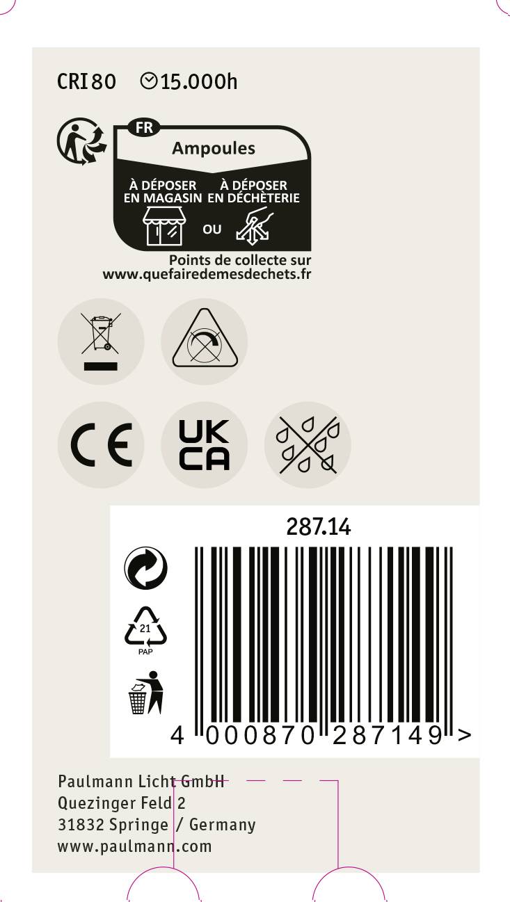 Etikett von Paulmann Licht GmbH: Informationen zu Glühbirnen. Symbole für Recycling und Zertifikate. Barcode und Herstelleradresse.