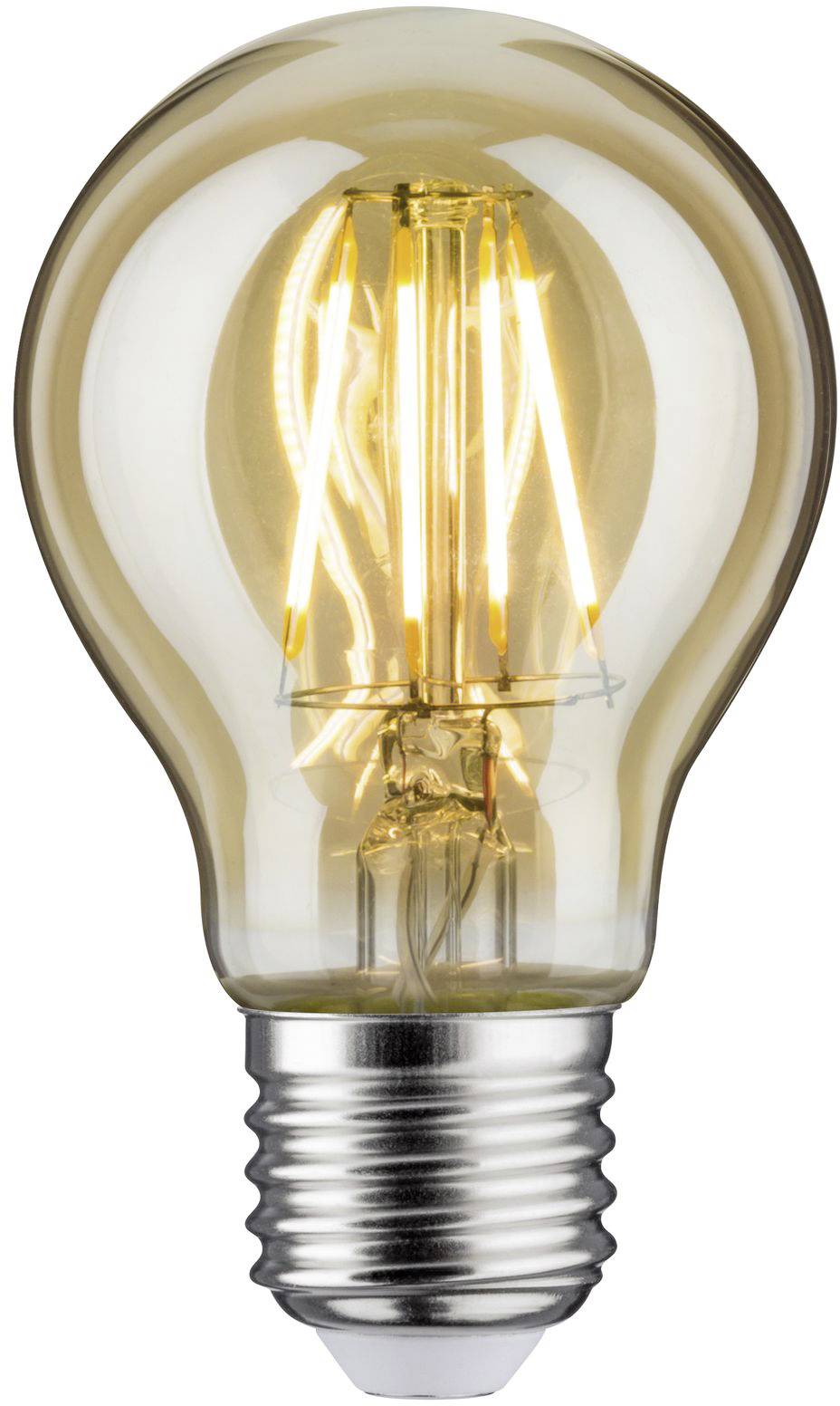 Glühbirne leuchtet, zeigt Glühfäden im Inneren. Silberne Fassung, klassische Form mit warmem gelbem Licht.